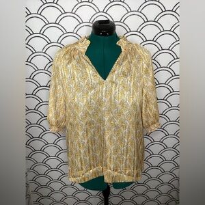 Avara Yellow & Beige Ruffled V‑Neck Blouse – Size M